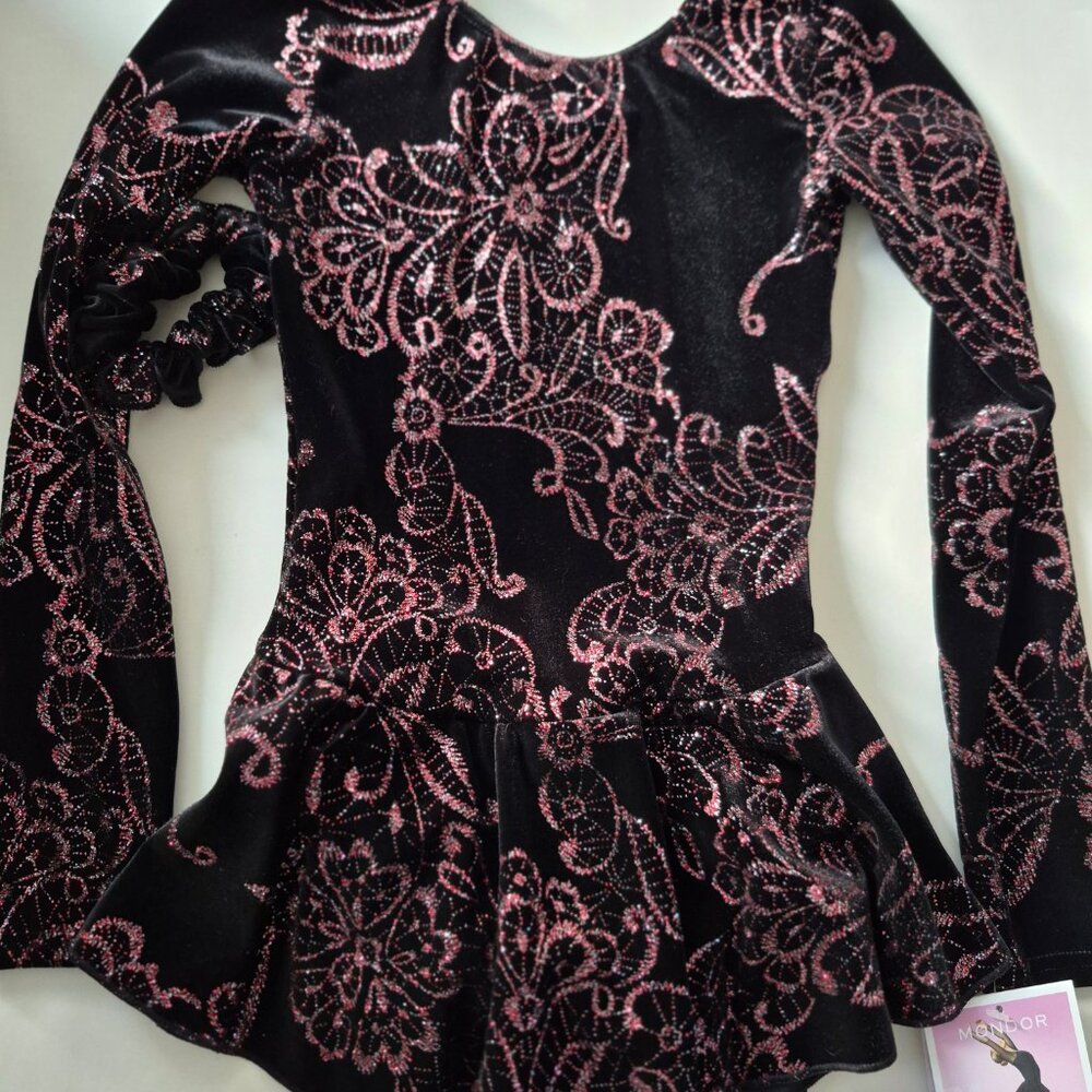 Mondor competition show figure skating dress black pink sparkles sequins 8-10